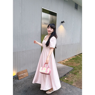 56109 French Elegant 2025 Summer New Square Collar Short-Sleeved Skirt with Tight Waist Slimming Design Sense plus size Dress