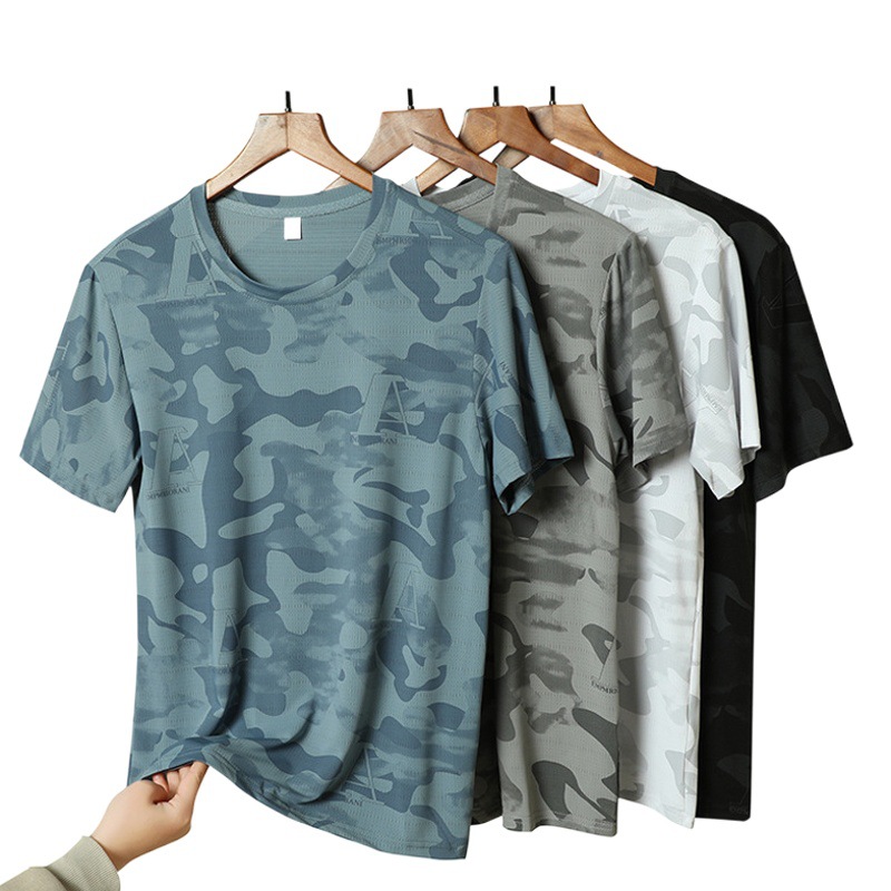 Verano estiramiento de secado rápido de seda de hielo Camiseta de manga corta de los hombres de camuflaje de cuello redondo de media manga de hielo camiseta de moda delgada camisa de aire acondicionado
