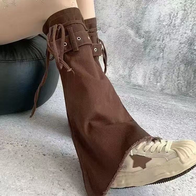 跨境新款Y2k亚文化辣妹腿套过膝牛仔袜套棕色牛仔堆堆袜