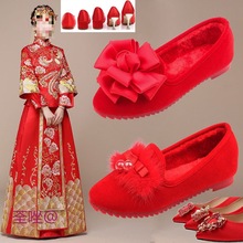 加绒婚鞋秋冬新娘结婚鞋兔毛平底平跟红色旗袍单鞋女敬酒保暖红鞋