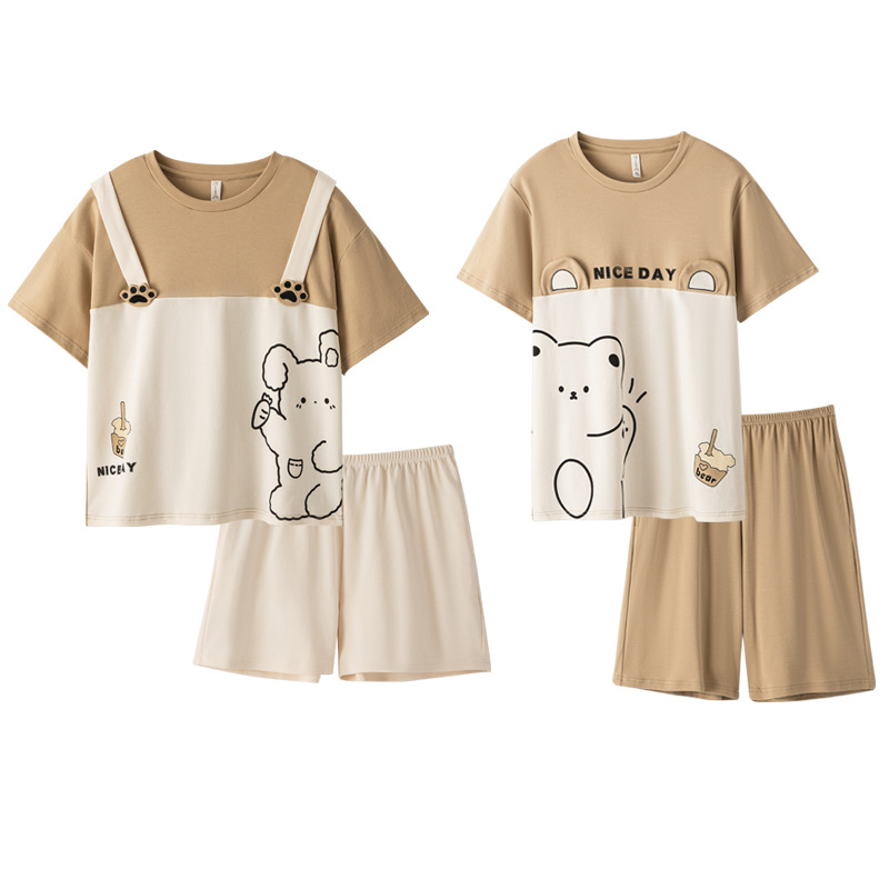 Pijamas de pareja pantalones cortos de manga corta de algodón de verano hombres y mujeres traje de homewear delgado de dibujos animados de oso lindo de algodón