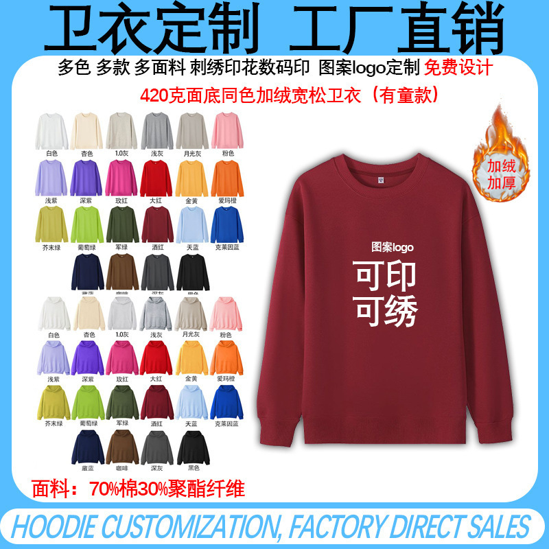 Fleece-Lined Unisex Hoodies with Custom Logo, 420g Cotton-Like Fabric, Plain Hooded Sweatshirt, Cross-Border Customization