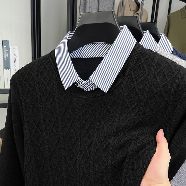 Falso de dos piezas Jacquard hombre otoño invierno nueva camiseta de manga larga camiseta de moda casual cuello cálido suéter base