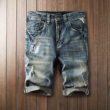夏季薄款复古做旧弹力破洞牛仔短裤男潮牌五分裤【QQ群：58411717