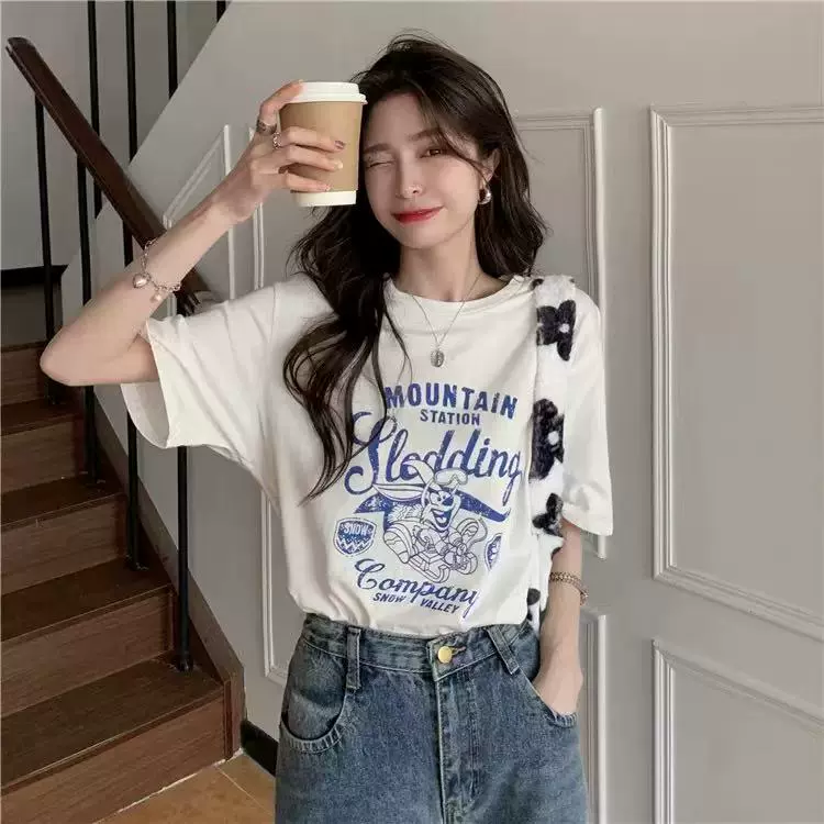 新款夏季短袖t恤女纯棉宽松韩版ins女装百搭卡通印花内搭半袖上衣