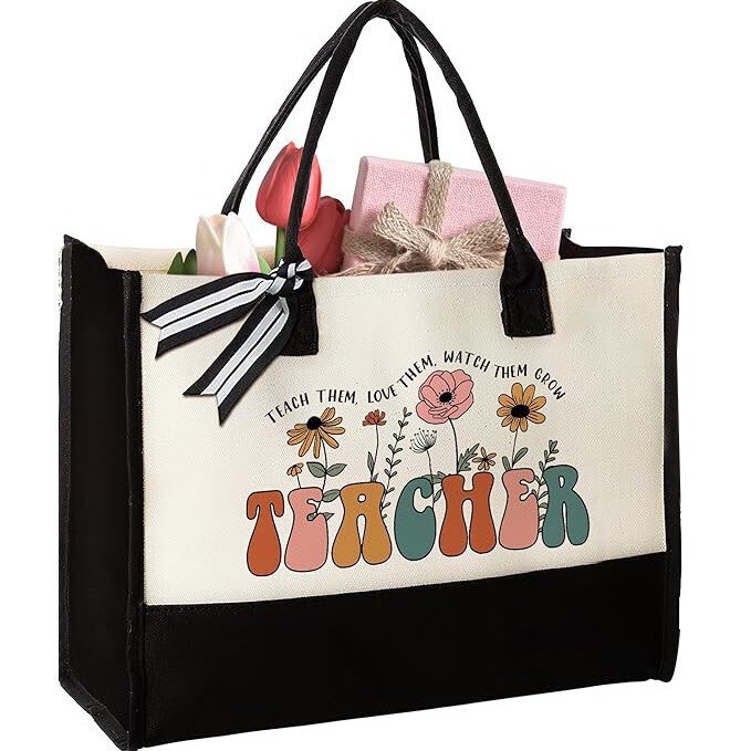 Cross-Border Exclusive Teacher Floral Canvas Tote Bag Large Capacity Women's Shopping Bag Teacher Holiday Gift Bag Cross-Border Exclusive Teacher Floral Canvas Tote Bag Large Capacity Women's Shopping Bag Teacher Holiday Gift Bag