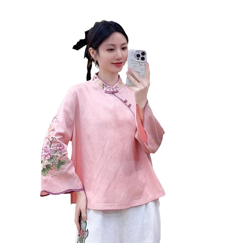 (2개) 2025 년 봄 새로운 GUOFENG 자수 린넨 셔츠 커프 루즈 스탠드 칼라 및 버클 중국 스타일 탑 6816
