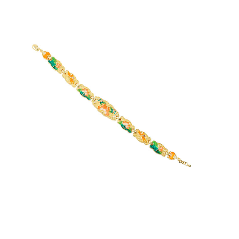 Nueva pulsera de oro de arena antigua china, brazalete de loto tridimensional de aceite de goteo de esmalte de marea nacional, joyería retro que no se desvanece durante mucho tiempo