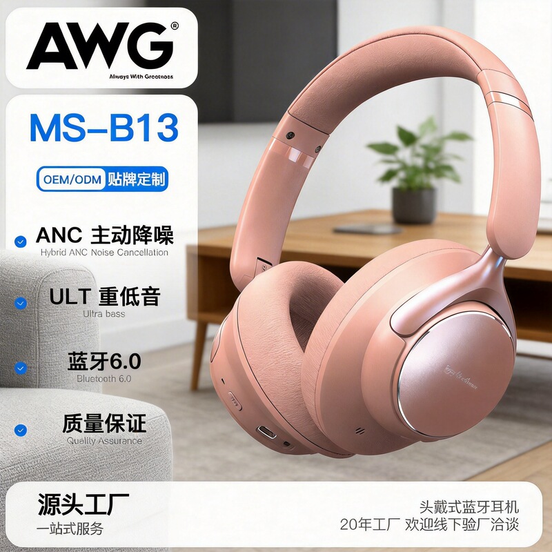 Head-Mounted Bluetooth Headphones Ms-B13, Head-Mounted Headphones with Heavy Bass, Active Noise Cancellation, Long Battery Life, Dual-Mode Connection