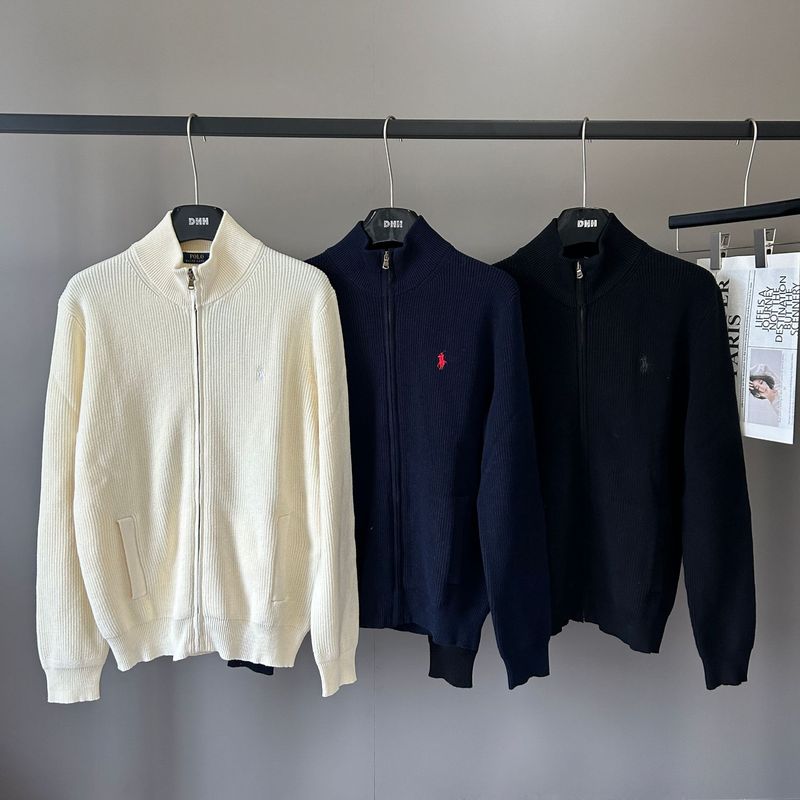 Rl Embroidered Pony Cotton Knit Zip-Up Cardigan Sweater Couple's Outfit Elegant Fashion Versatile Stand Collar Long Sleeve Inner Wear