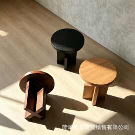 中古老榆木十字脚边几客厅沙发圆形角几小茶台阳台实木咖啡小圆桌