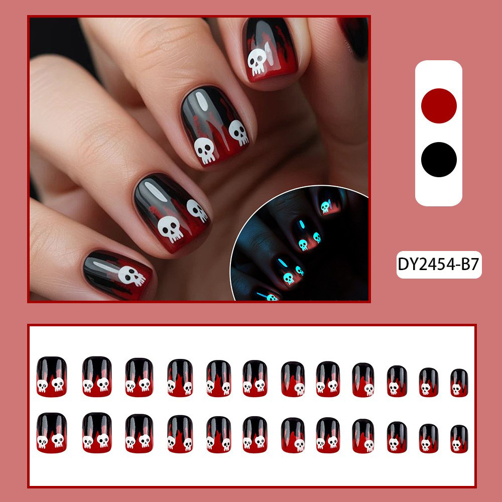 Uña de manicura para usar Halloween 24 piezas esqueleto de luz nocturna gota de sangre roja gradiente de uñas falsas para usar parches