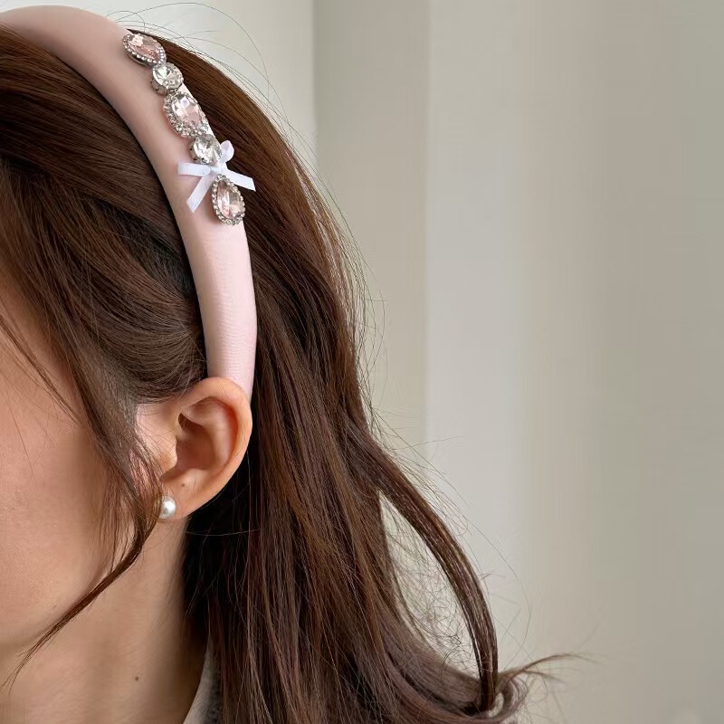 女の子～デザインパールピンクサテンスポンジリボンクリスタルピンクダイヤモンド万能ヘアバンドスタイルクリスタルダイヤモンド装飾|undefined