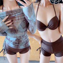 新款分体泳衣挂脖比基尼高腰短裤扎染罩衫紧身性感三件套泳装