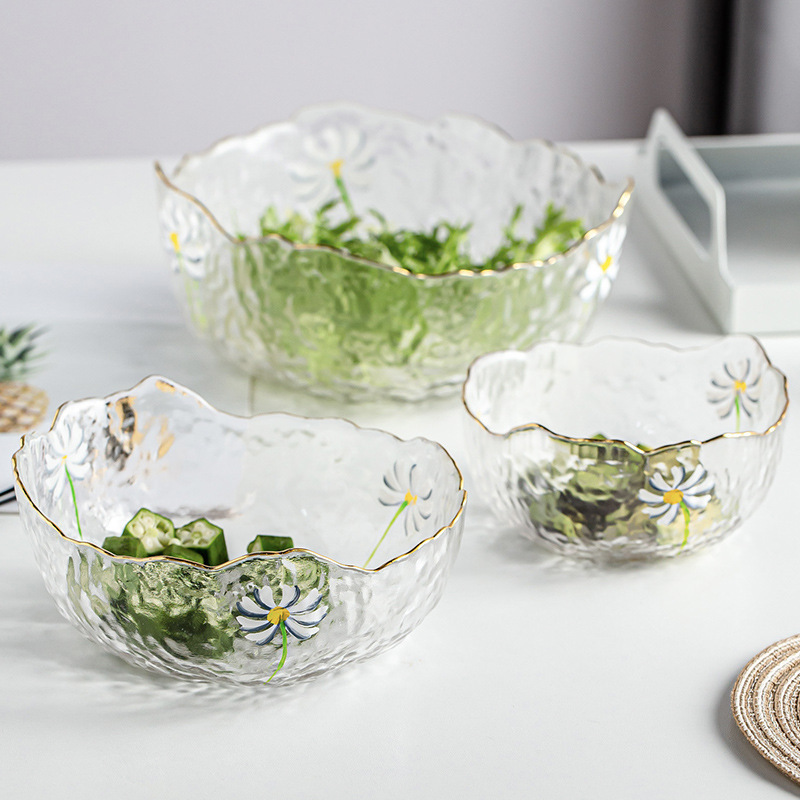 玻璃沙拉碗 日式透明 家用耐高温无铅水晶锤纹碗 创意火锅餐具碗|ms