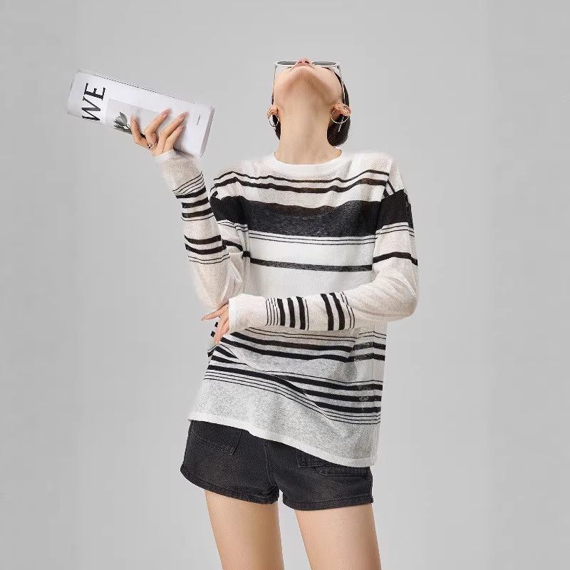 Linen Black and White Striped Knit Long-Sleeve Autumn Sun Protection Cover-Up T-Shirt Women's 2026 New Thin Top Linen Black and White Striped Knit Long-Sleeve Autumn Sun Protection Cover-Up T-Shirt Women's 2026 New Thin Top