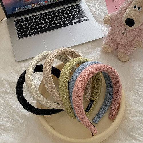 New Autumn/Winter Chanel-style sponge wide-brim headband with yarn weaving high forehead headband with sparkling face-washing hair clip hair accessory