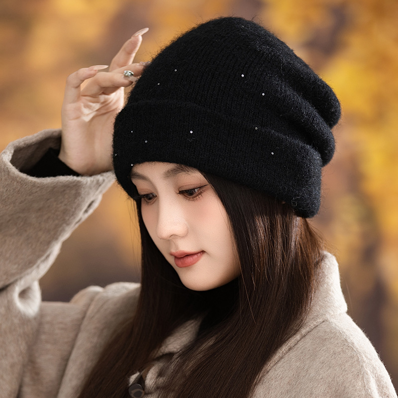 帽子女款秋冬亮片保暖毛线帽韩版户外休闲防风护耳帽显脸小堆堆帽|undefined