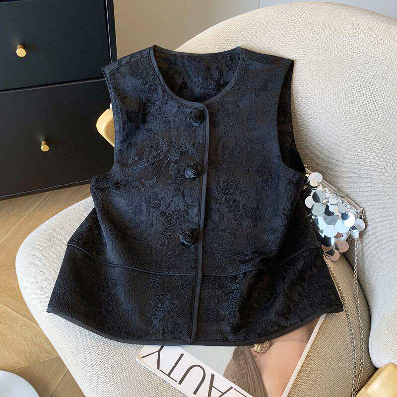 Áo ghi lê nữ dáng cardigan không tay họa tiết hoa jacquard, dài áo 50–65 cm — màu đen