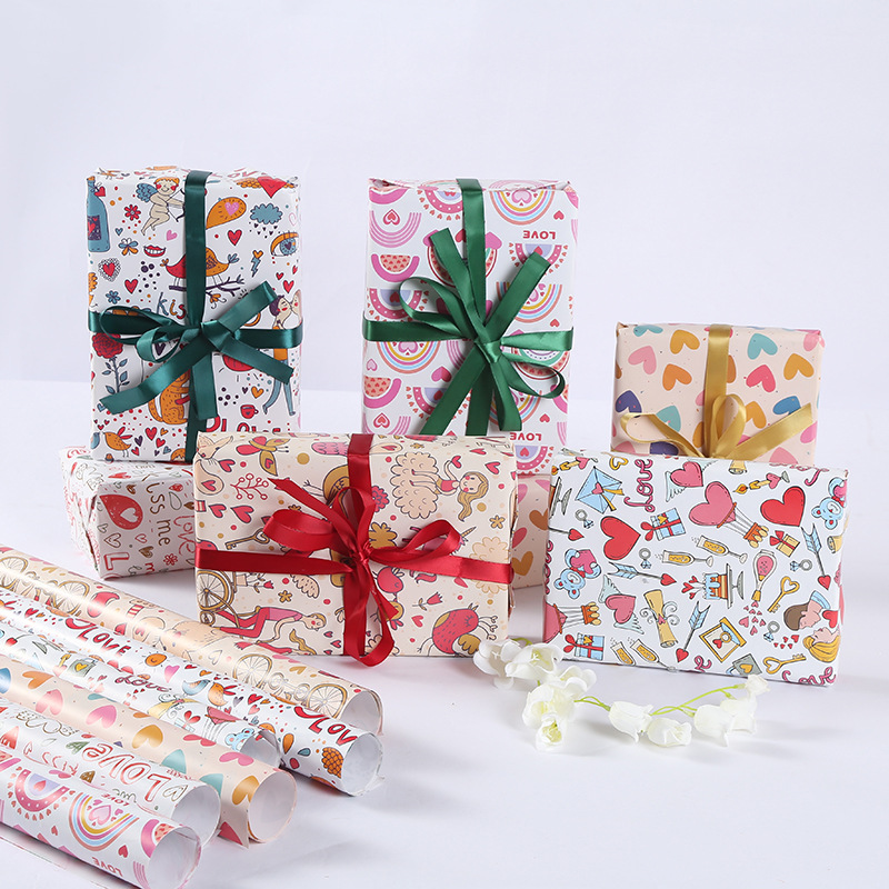 Papel de regalo para comercio exterior transfronterizo, papel de embalaje impreso para días festivos, San Valentín, Año Nuevo, venta al por mayor, estilo pintado a mano
