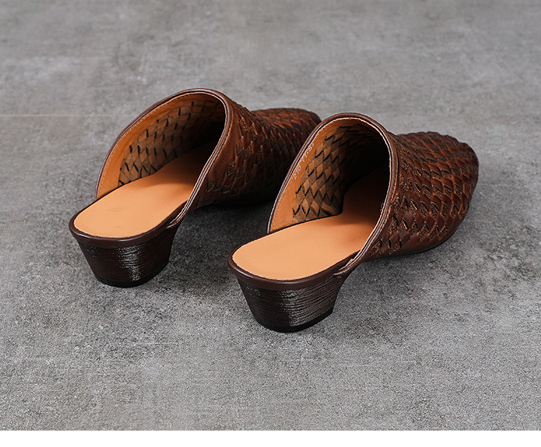 Dép sandal nữ bít mũi da bò thật đan thủ công phong cách vintage gót thấp — màu nâu chi tiết 15