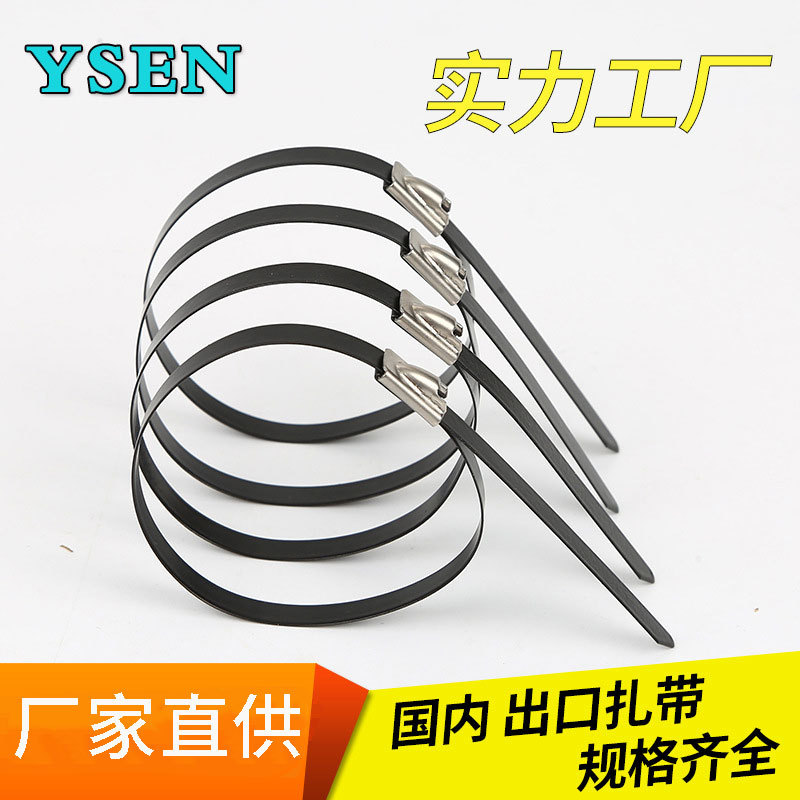 厂家供应304喷塑不锈钢扎带4.6*300钢珠自锁黑色金属电缆扎丝船用