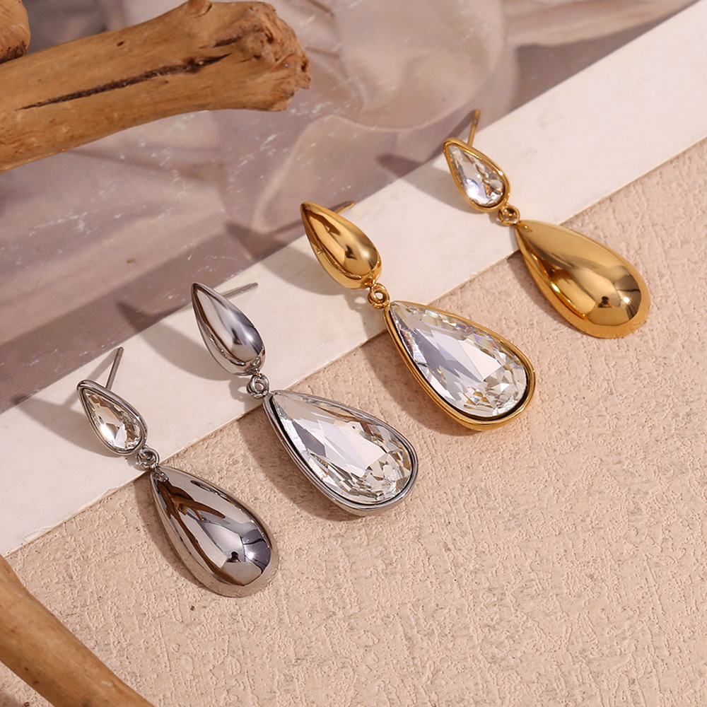 Asymmetrical Water Drop White Diamond Stainless Steel Earrings