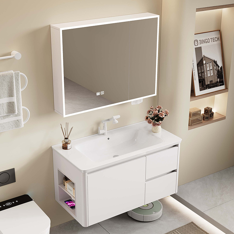 Nuevo gabinete de lavabo integrado de rejilla lateral, gabinete de baño a prueba de humedad, cajón de abeja, gabinete de almacenamiento de espejo inteligente
