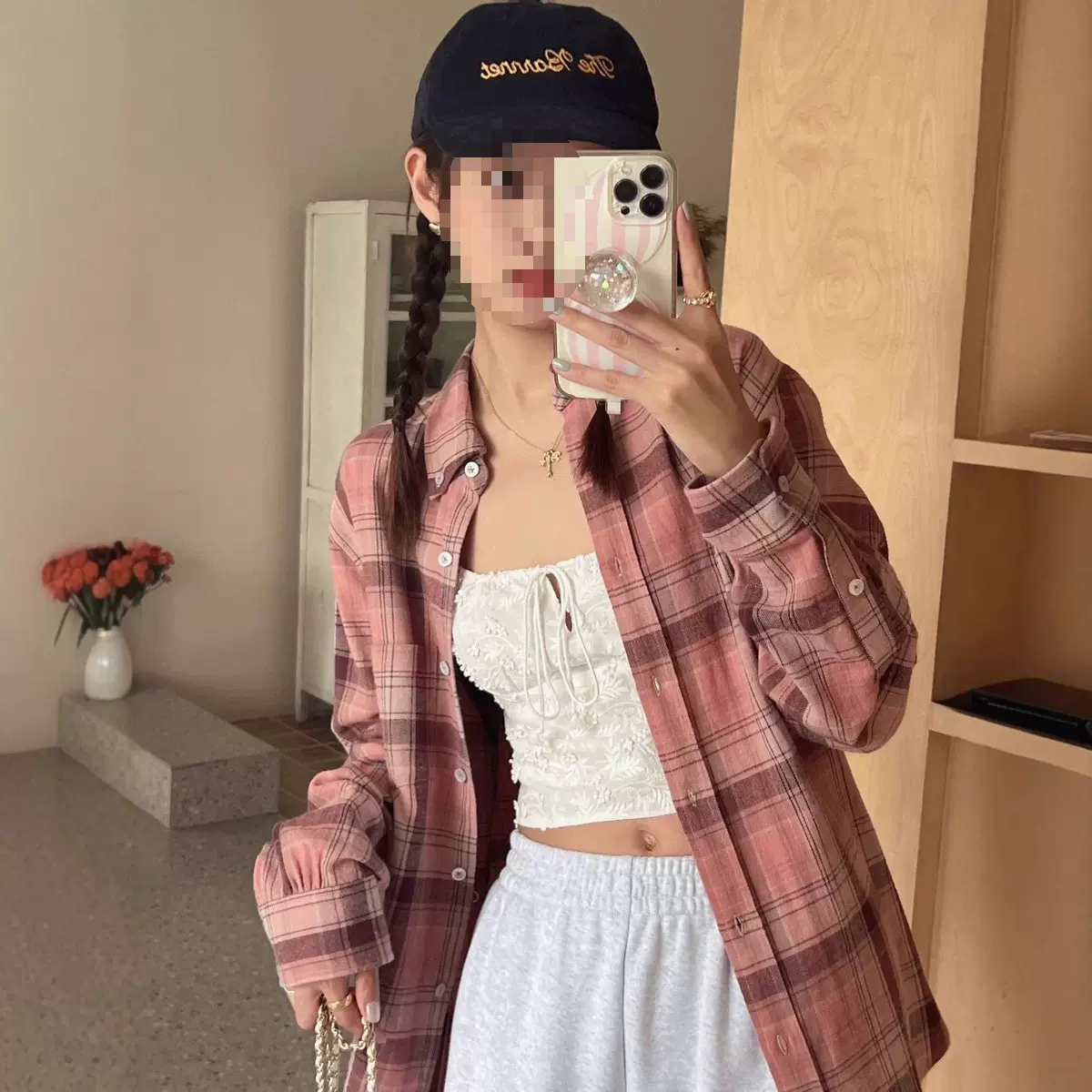 粉色格子磨毛衬衫女春秋新款韩版开衫中长款宽松长袖衬衣上衣外套