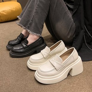 British Style Retro Thick-Soled Loafers High-Heeled Women's Shoes 2024 New Fashion Small Leather Shoes Thick-Soled Slip-On Shoes