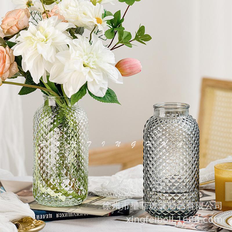 Vaso de vidrio retrógrado europeo en forma de jarro de doble oreja transparente hidropónico francés ramo de flores frescas secas adornos domésticos de gran calibre