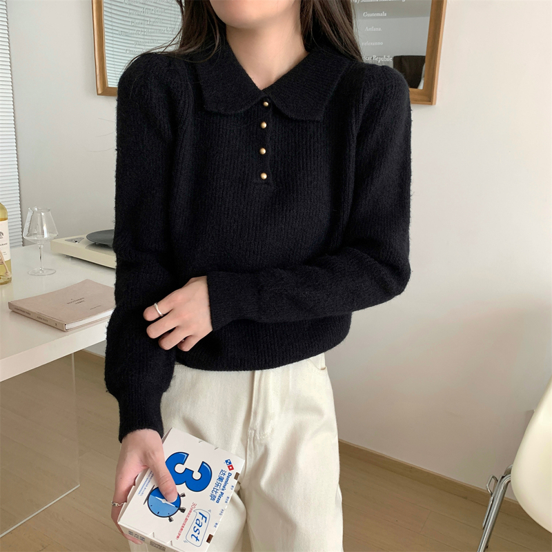 秋冬宽松polo领打底针织衫女软糯学院风高级洋气内搭气质别致毛衣|undefined