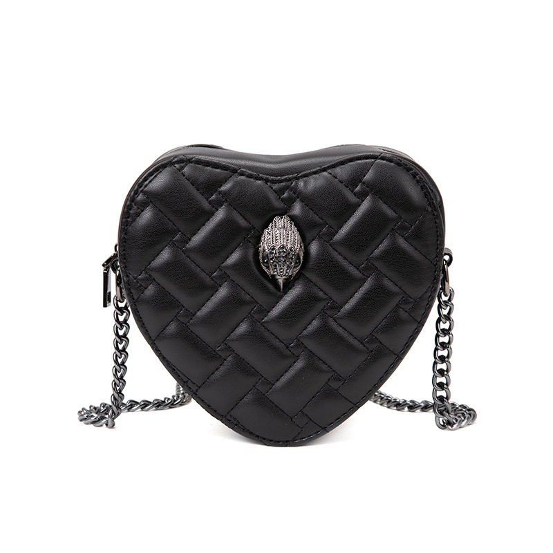 Women's Black Heart-Shaped Quilted Chain Bag, Ladies' Shoulder Crossbody Bag, Heart-Shaped Small Bag, Heart Bag with Embroidery, New Style