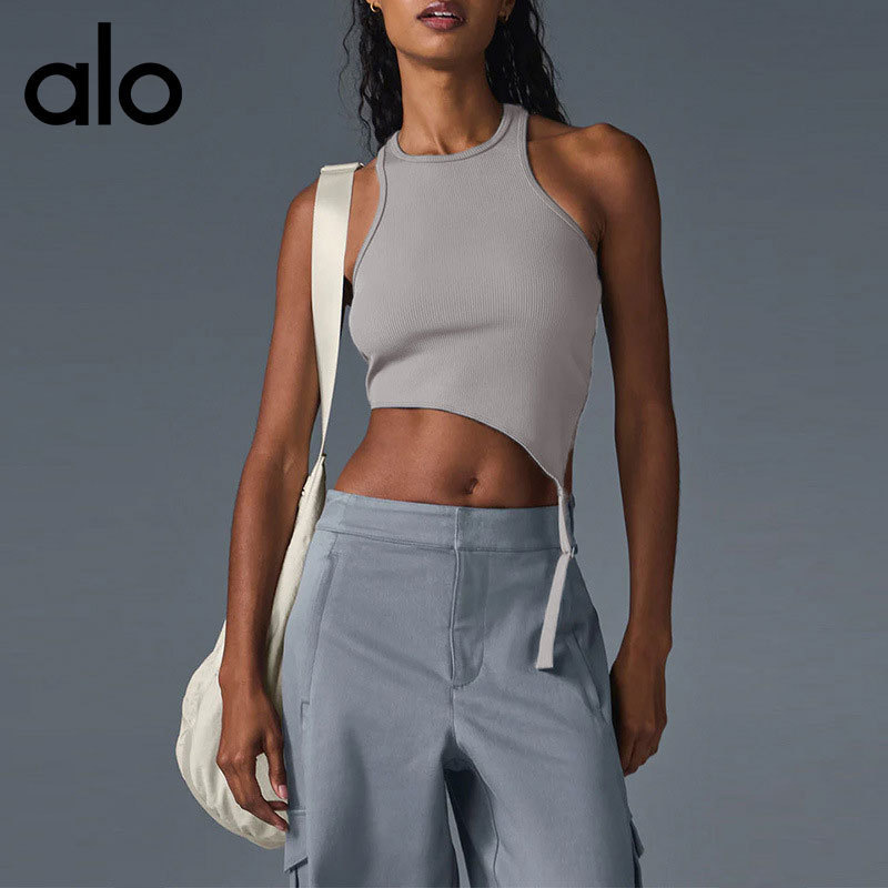 alo 跨境爆款螺纹运动上衣女2025裸感不规则下摆瑜伽服厂家批发|undefined