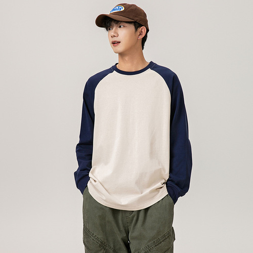 American style patchwork drop-shoulder hoodie for men, INS trendy brand, autumn daywear round neck base shirt, loose large size long-sleeve T-shirt