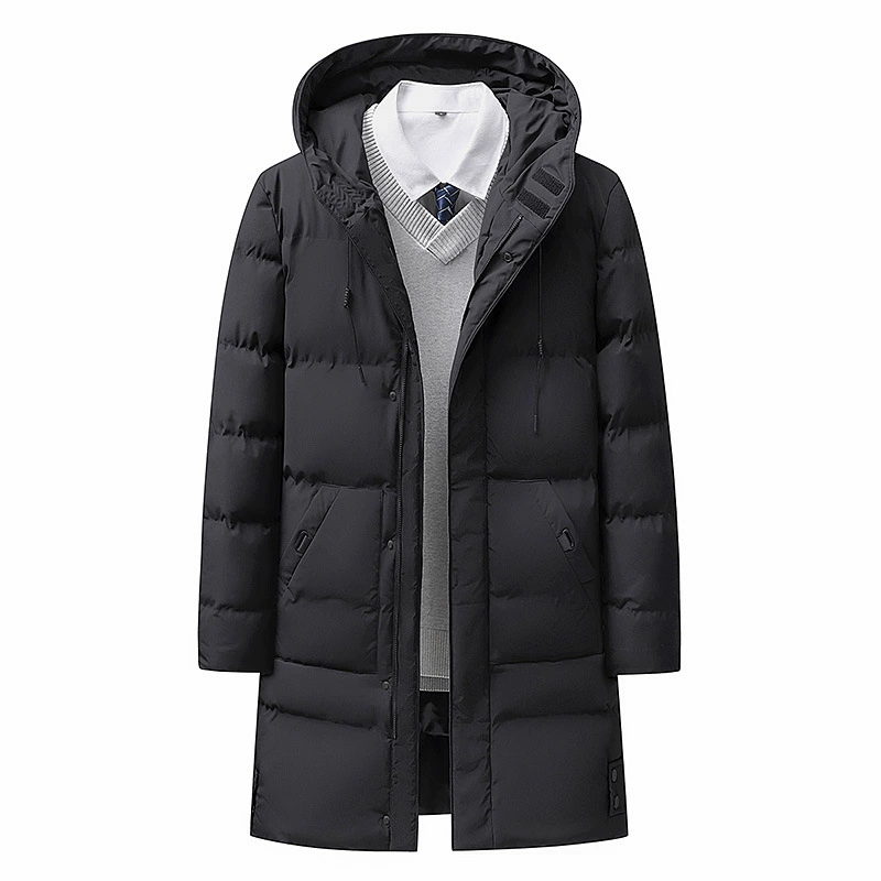Long demi-season down jacket with down, mid-length, increased thickness