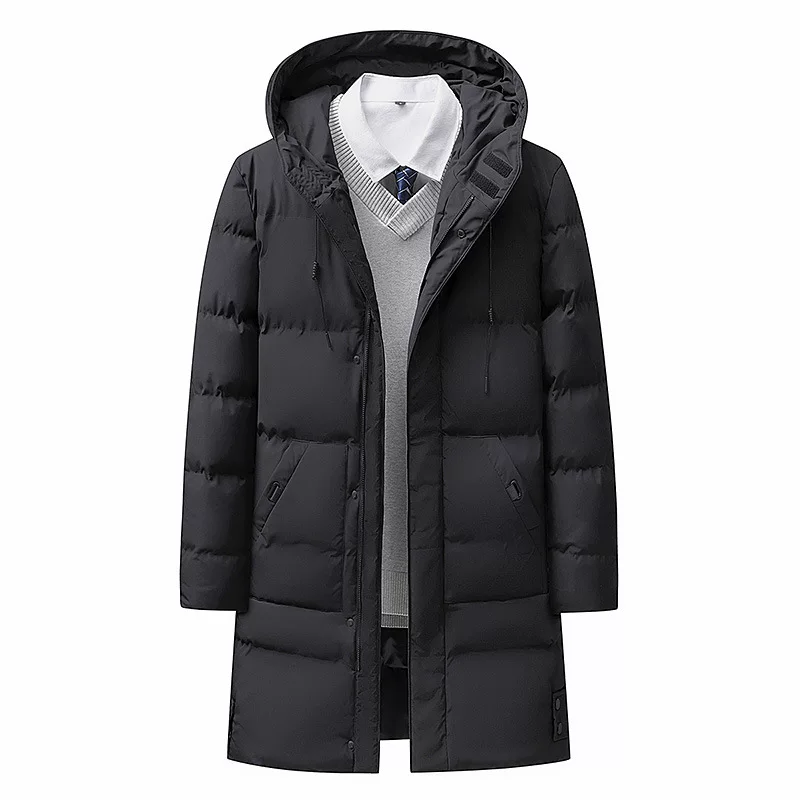Long demi-season down jacket with down, mid-length, increased thickness