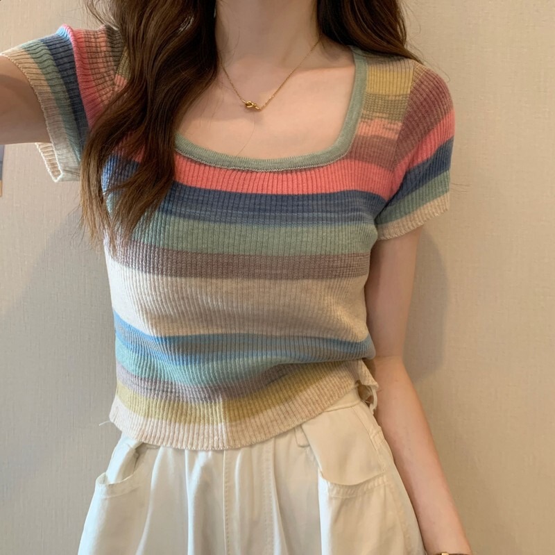 Rainbow Striped Square Neck Right Shoulder Knitted Short Sleeve Women's Top Fashionable and Easiest for Match Elastic Slimming Short Sleeve Top