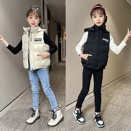 秋冬儿童羽绒棉女童马甲男童加厚连帽背心女童棉服带帽子中大童