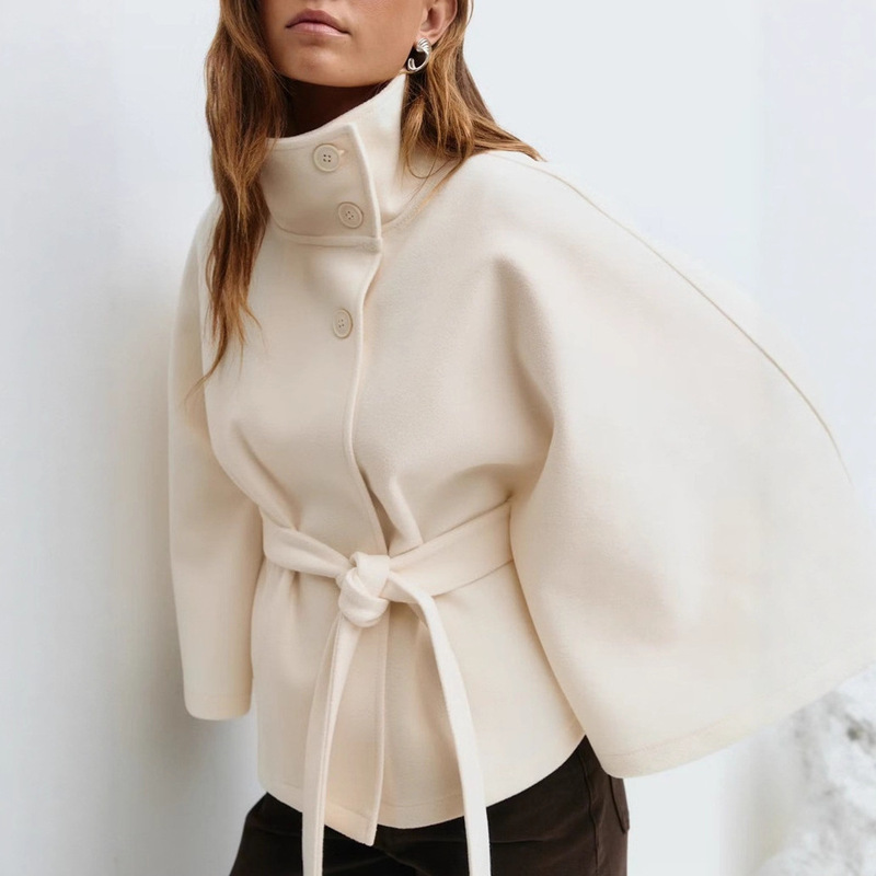 Cape Style Windbreaker Original Women's Cape Stand Collar Belt Windbreaker Loose Woolen Jacket Spring