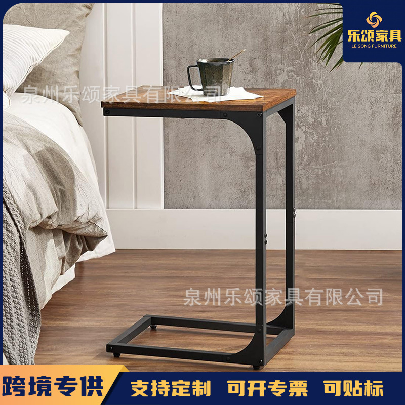 Cross-border Sofa Small Side Table Metal Frame C- shaped Coffee Table Living Room Bedroom Bedside Rustic Wood Desktop Corner Table Side Table