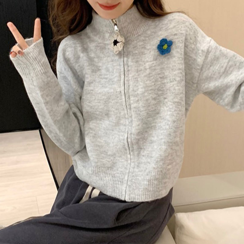 秋冬立体花朵灰色拉链半高领毛衣外套女百搭宽松短款针织开衫撞色|undefined
