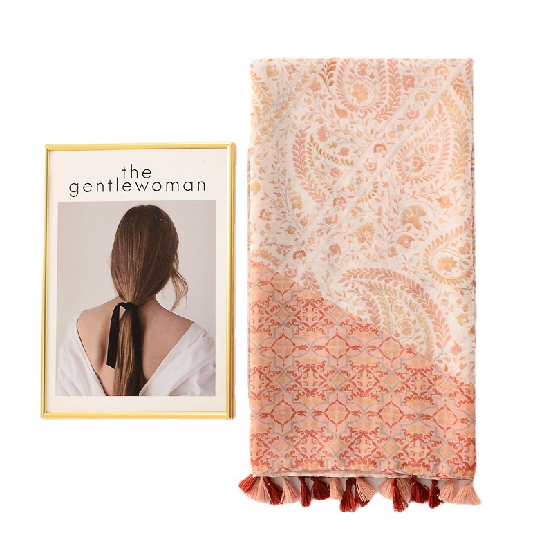 Estilo étnico tótem trigo franja costura bufanda primavera y verano delgada fotografía de viaje chal decorativo bufanda de algodón y lino para mujer