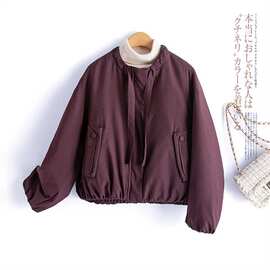 新款款圆领飘带短款羽绒服女休闲宽松外套
