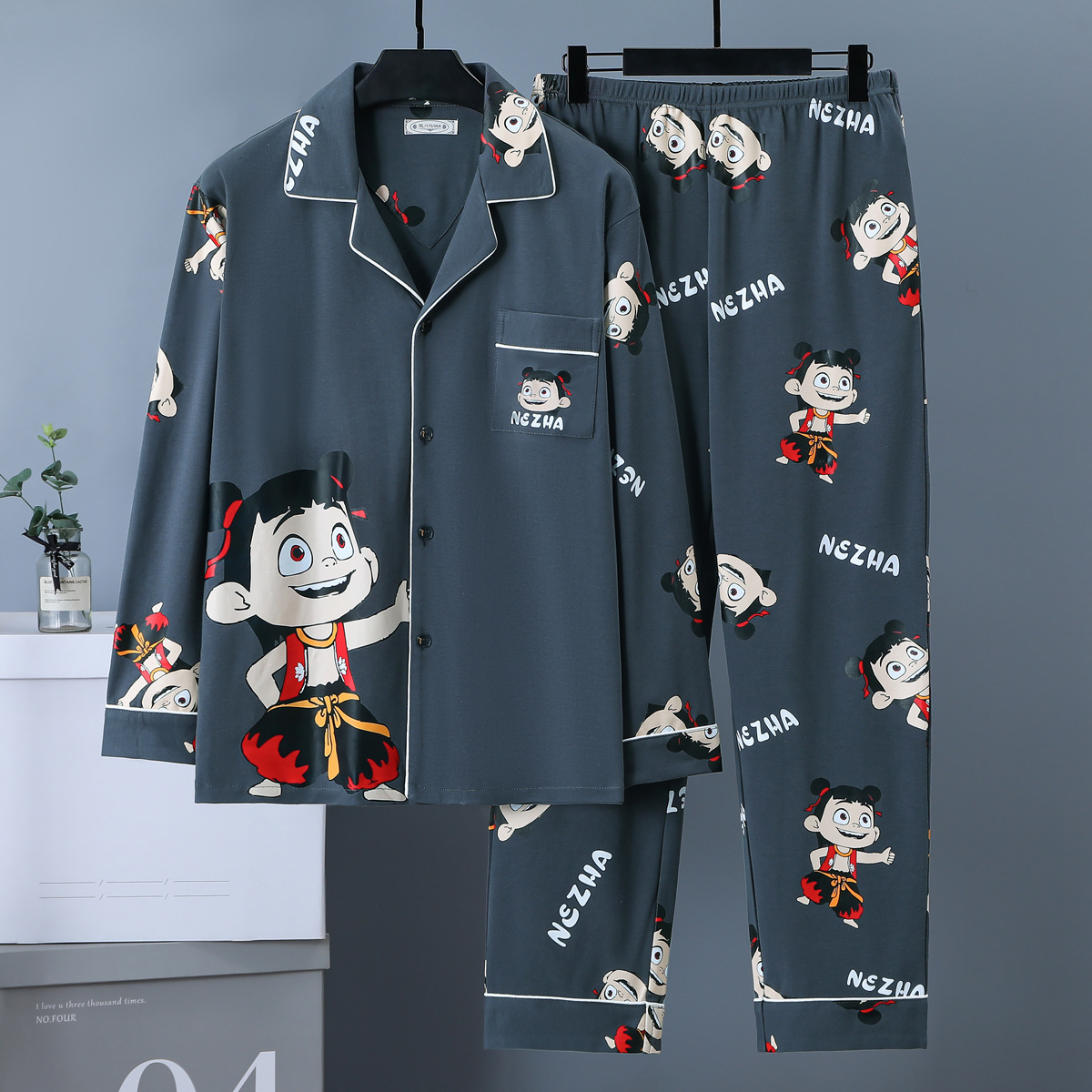 Pajamas Men's Long-Sleeved Spring and Autum Imitation Cotton Youth Autum Thin Cartoon Spring Men's Large Size Home Wear Set