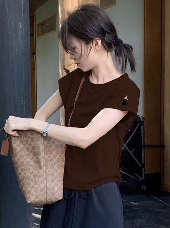 韓国風小柄グリーン右肩半袖Tシャツレディース夏服新デザインニッチ猫プリントトップ|undefined