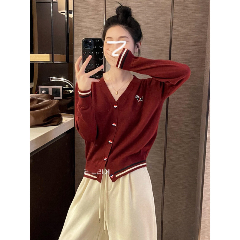 Korean Style Design V Neck Long Embroidered Knitted Cardigan for Women 2024 Autum Loose Slimming Look Fashionable Chic Top