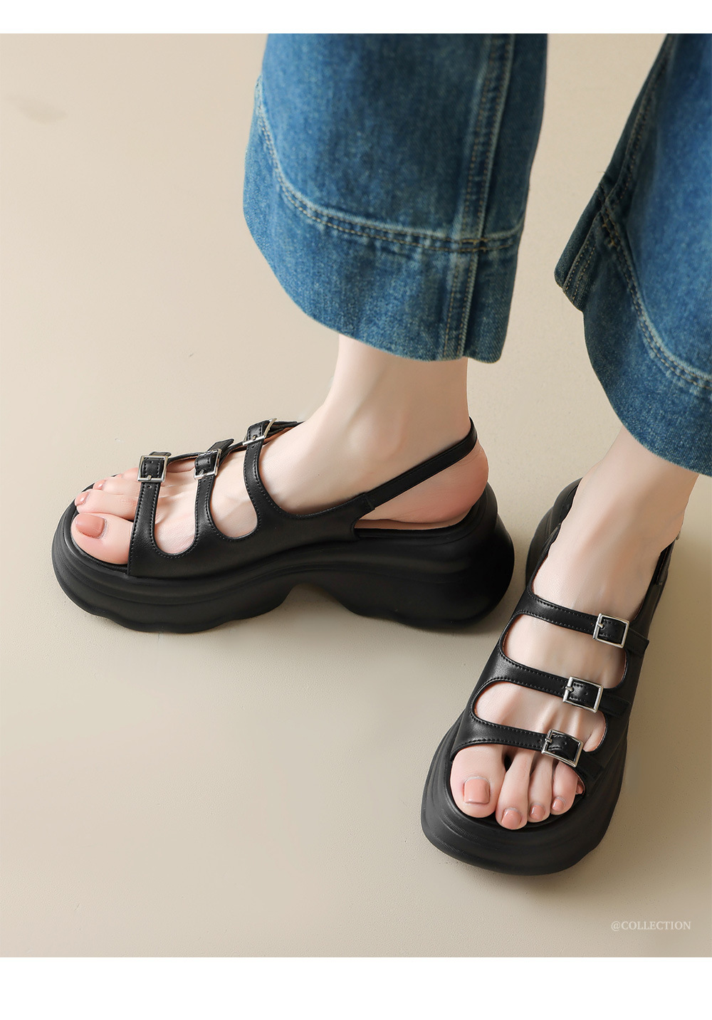 Dép sandal nữ quai ngang hở mũi đế bệt siêu nhẹ phong cách La Mã — đen chi tiết 1