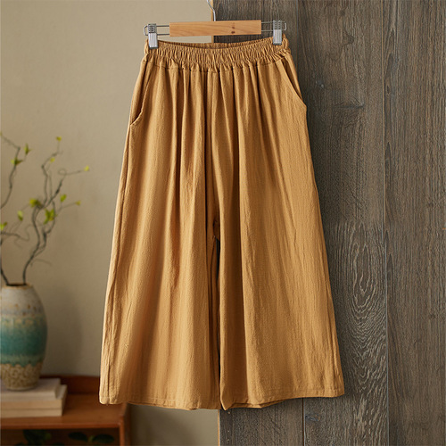 Summer 2025 Cotton Linen Wide Leg Pants Loose High-Waist Literary Simple Solid Color Seven-Foot Retro Elegant Versatile Casual Pants