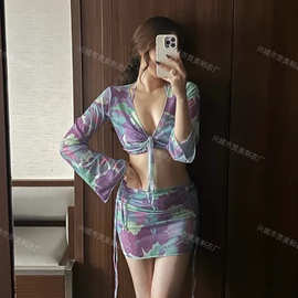 2024新款欧美ins性感梦幻扎染罩衫纱裙比基尼四件套罩衫分体泳衣